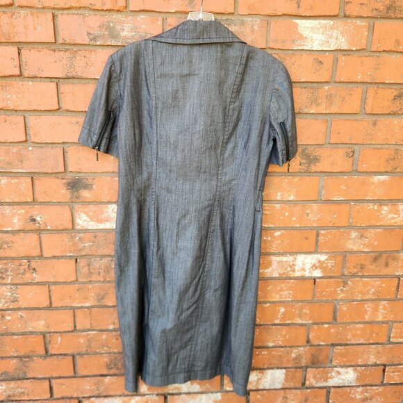 Vintage Black Denim Short Sleeve Zip Up Dress Notched Collar & Zipper Details - Picture 10 of 11